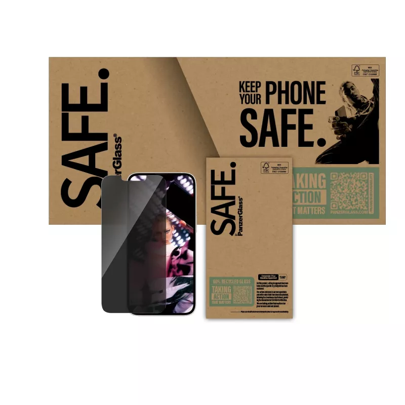 PanzerGlass SAFE. by ® privātuma ekrāna aizsargs iPhone 17e | 16e | 14 | 13 | 13 Pro | īpaši plats pārklājums