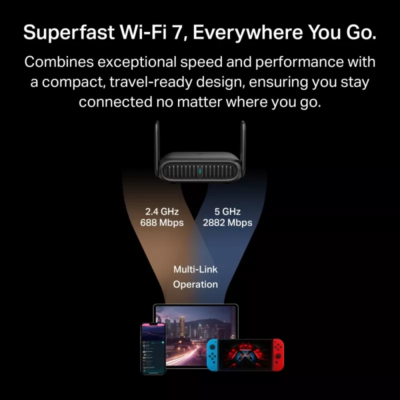 TP-Link BE3600 Wi-Fi 7 bezvadu maršrutētājs 2,5 gigabaitu Ethernet divjoslu (2,4 GHz / 5 GHz) melns