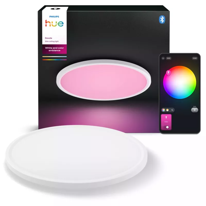 Griestu gaismeklis Philips Hue Devote plāns griestu gaismeklis M, apaļš LED 23 W, balts, Ø42,1 cm, universāla atrašanās vieta