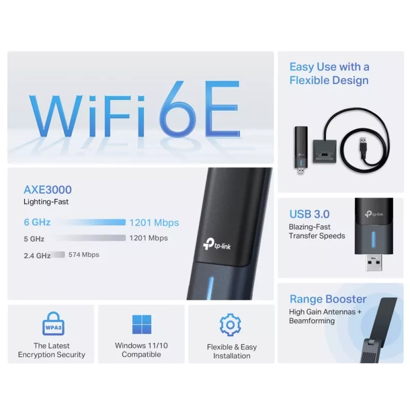 TP-Link Archer AXE3000 Wi-Fi 6E High Gain Wireless USB adapteris