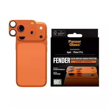 Kameras aizsargs PanzerGlass Fender iPhone 17 Pro — silikons, Cosmic oranža, izturīgs pret skrāpējumiem un triecieniem