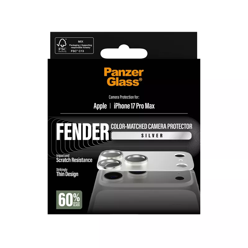 PanzerGlass Fender kameras aizsargs iPhone 17 Pro Max — silikons, sudraba, izturīgs pret skrāpējumiem un triecieniem