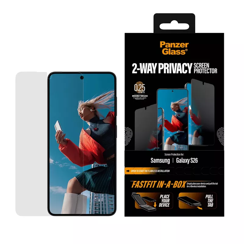 Ekrāna aizsargs PanzerGlass 2-Way Privacy Samsung New Galaxy S 2026, Ultra-Wide Fit, PET + silikons, izturīgs pret skrāpējumiem un triecieniem