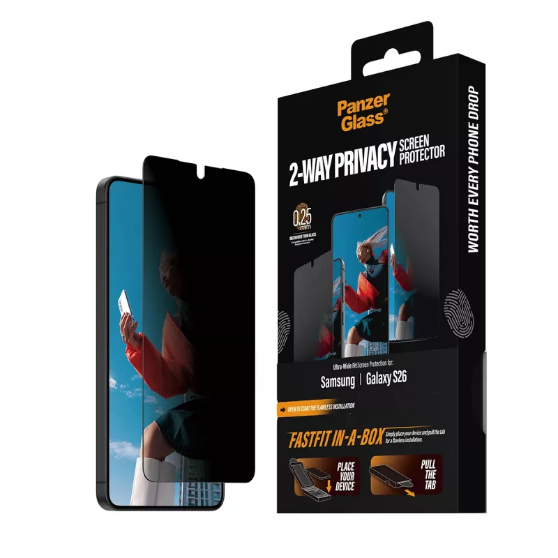 Ekrāna aizsargs PanzerGlass 2-Way Privacy Samsung New Galaxy S 2026, Ultra-Wide Fit, PET + silikons, izturīgs pret skrāpējumiem un triecieniem