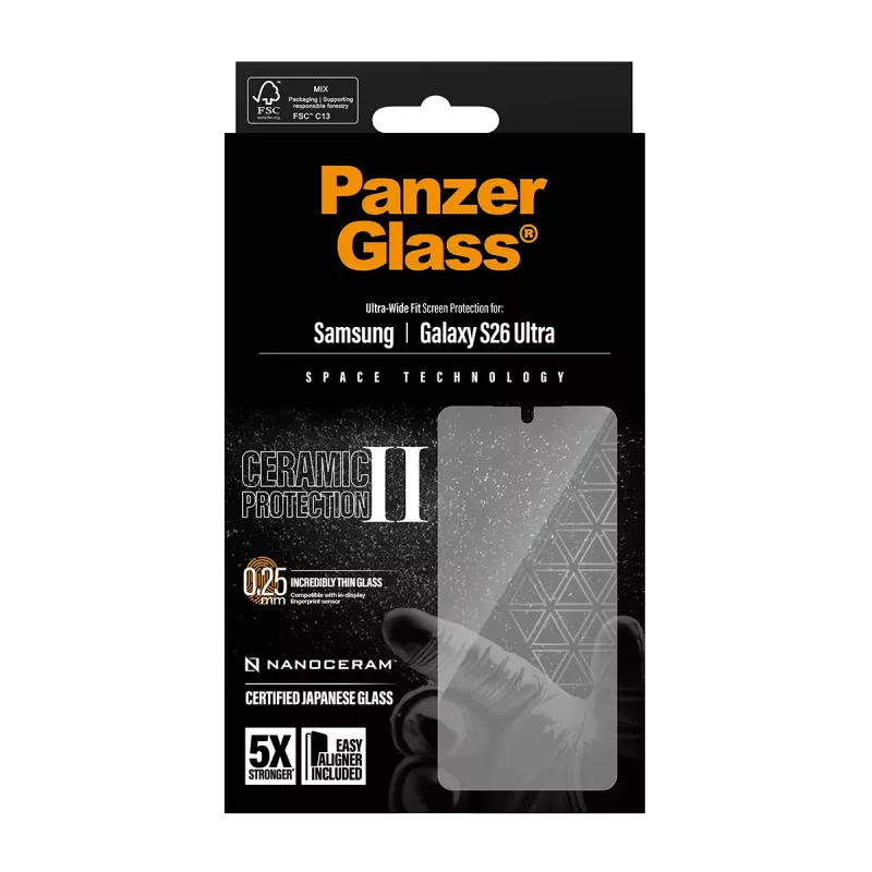 Ekrāna aizsargs PanzerGlass Ceramic Samsung Galaxy S26 Ultra — rūdītais stikls, Ultra-Wide Fit, EasyAligner, caurspīdīgs