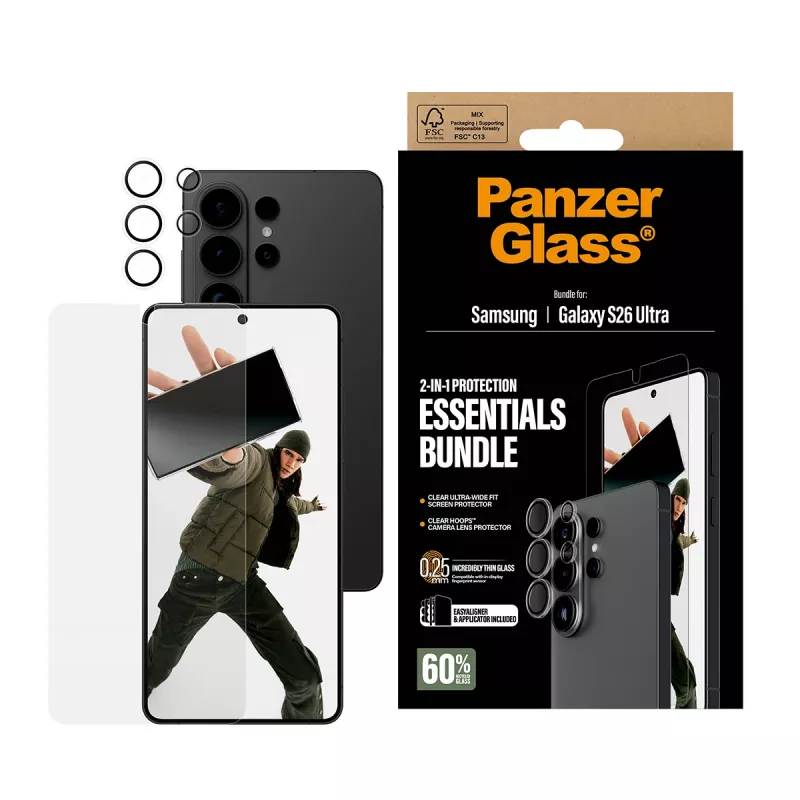 Ekrāna aizsargu komplekts PanzerGlass Hoops 2-in-1 Samsung Galaxy S26 Ultra — rūdīts stikls + PET, caurspīdīgs, īpaši plats piegulums