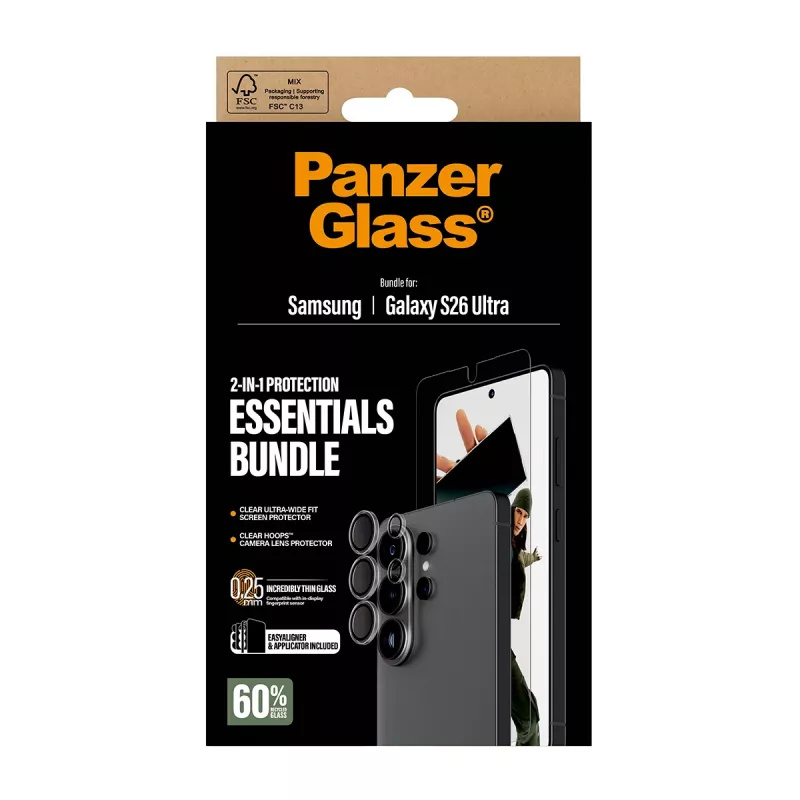 Ekrāna aizsargu komplekts PanzerGlass Hoops 2-in-1 Samsung Galaxy S26 Ultra — rūdīts stikls + PET, caurspīdīgs, īpaši plats piegulums