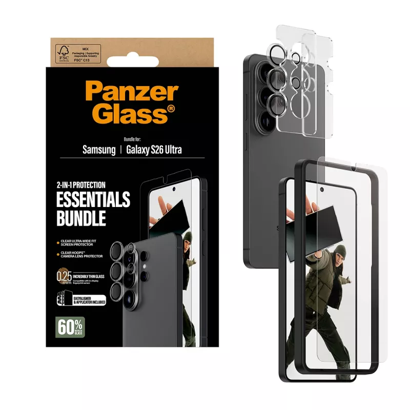 Ekrāna aizsargu komplekts PanzerGlass Hoops 2-in-1 Samsung Galaxy S26 Ultra — rūdīts stikls + PET, caurspīdīgs, īpaši plats piegulums