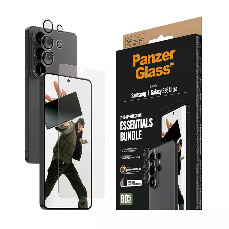 Ekrāna aizsargu komplekts PanzerGlass Hoops 2-in-1 Samsung Galaxy S26 Ultra — rūdīts stikls + PET, caurspīdīgs, īpaši plats piegulums