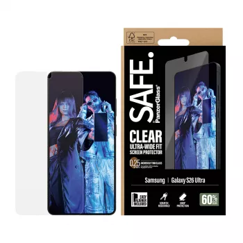 Ekrāna aizsargplēve PanzerGlass SAFE by Samsung New Galaxy S 2026 Ultra — Ultra‑Wide Fit, PET + silikons, EasyAligner, caurspīdīga