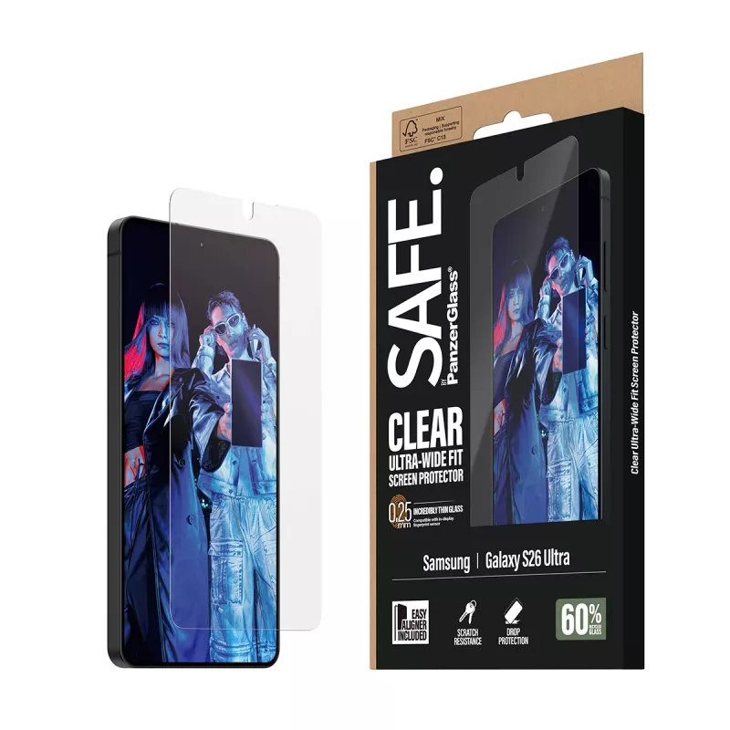 Ekrāna aizsargplēve PanzerGlass SAFE by Samsung New Galaxy S 2026 Ultra — Ultra‑Wide Fit, PET + silikons, EasyAligner, caurspīdīga