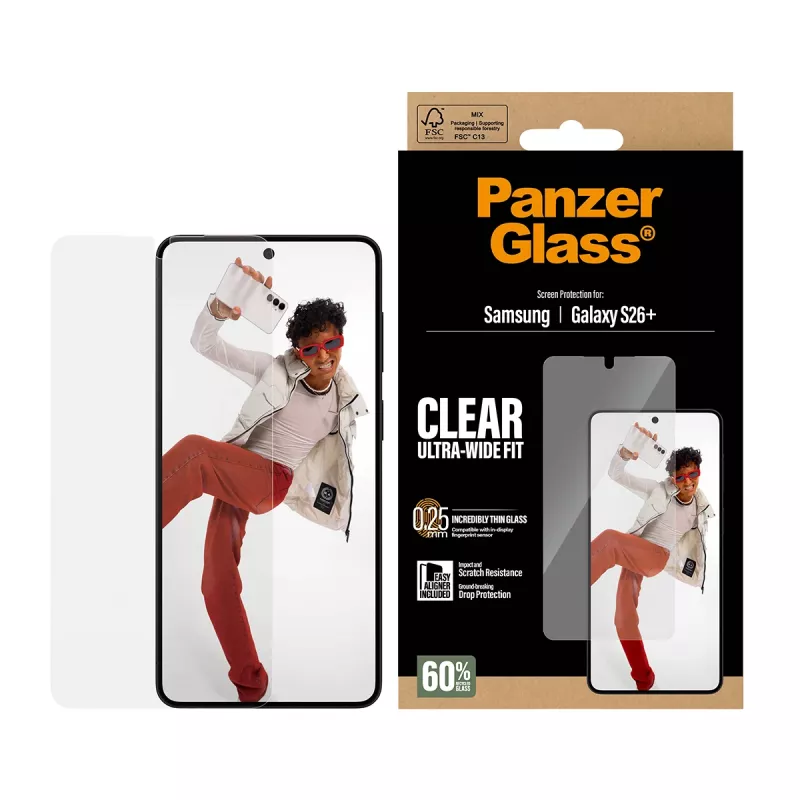 Rūdītā stikla ekrāna aizsargs PanzerGlass Samsung Galaxy S26+ — U-Wide Fit ar EasyAligner