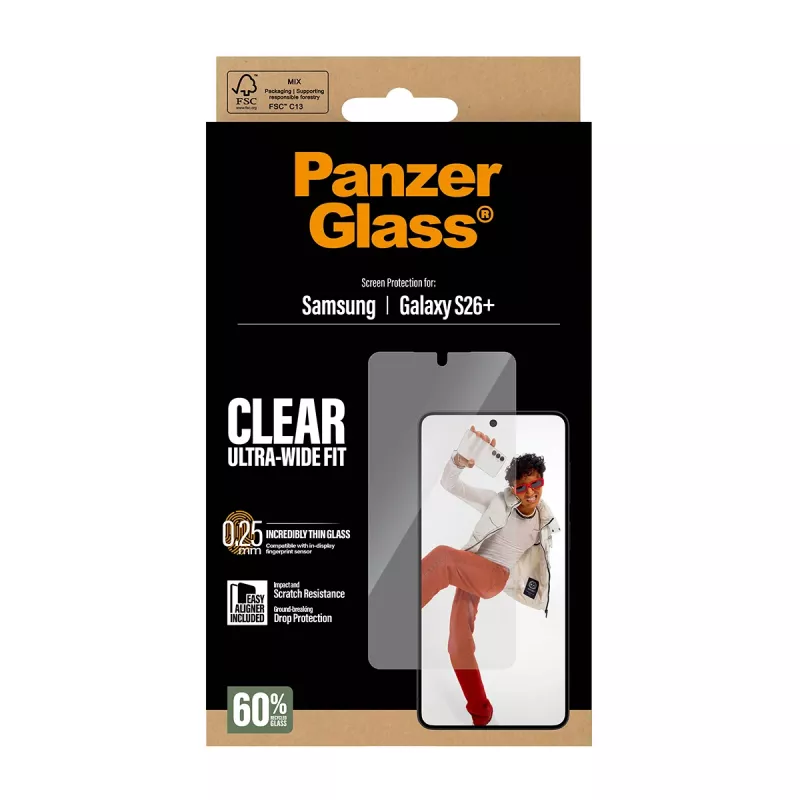 Rūdītā stikla ekrāna aizsargs PanzerGlass Samsung Galaxy S26+ — U-Wide Fit ar EasyAligner