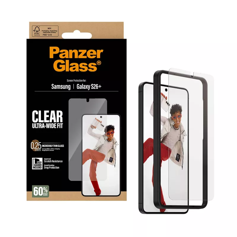 Rūdītā stikla ekrāna aizsargs PanzerGlass Samsung Galaxy S26+ — U-Wide Fit ar EasyAligner