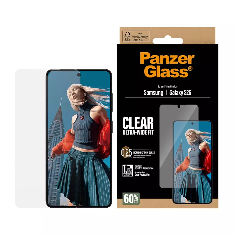 Caurspīdīgs ekrāna aizsargs PanzerGlass Samsung Galaxy S26 – īpaši plata piegulšana, PET + silikons, sausā uzklāšana