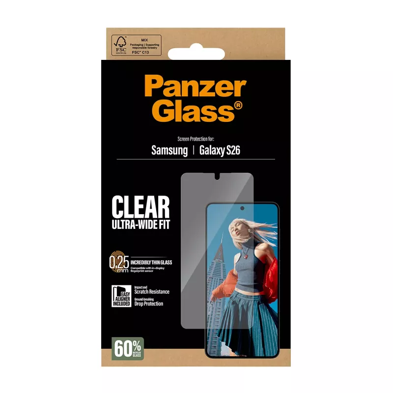 Caurspīdīgs ekrāna aizsargs PanzerGlass Samsung Galaxy S26 – īpaši plata piegulšana, PET + silikons, sausā uzklāšana