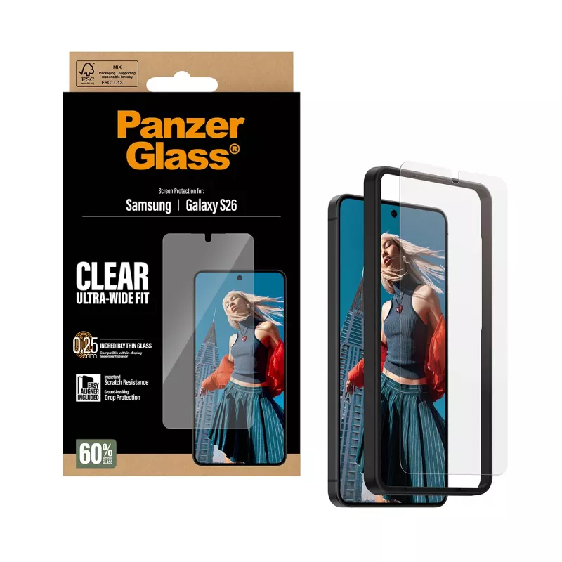 Caurspīdīgs ekrāna aizsargs PanzerGlass Samsung Galaxy S26 – īpaši plata piegulšana, PET + silikons, sausā uzklāšana