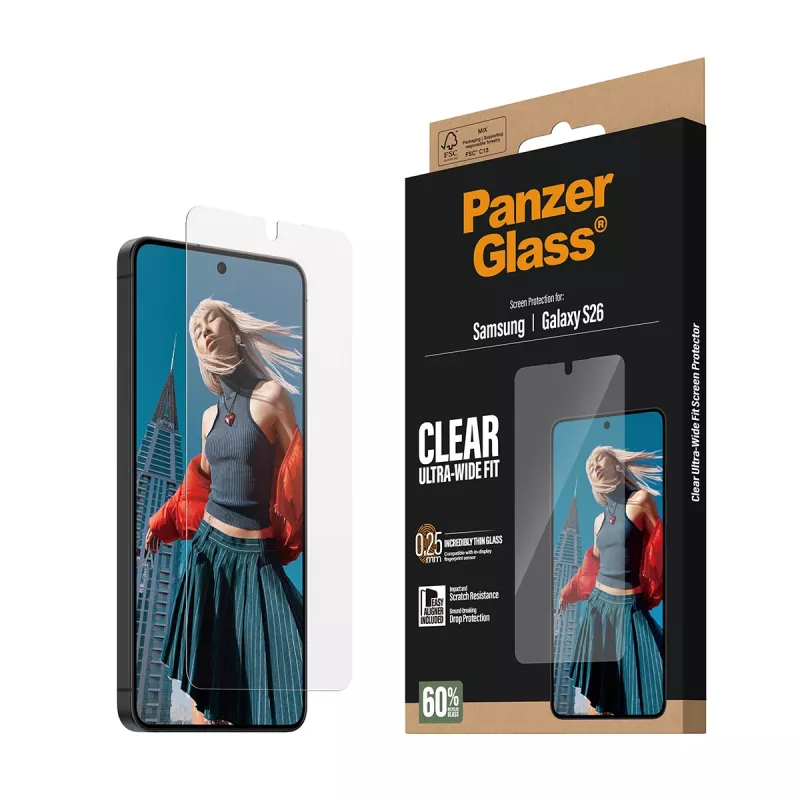 Caurspīdīgs ekrāna aizsargs PanzerGlass Samsung Galaxy S26 – īpaši plata piegulšana, PET + silikons, sausā uzklāšana