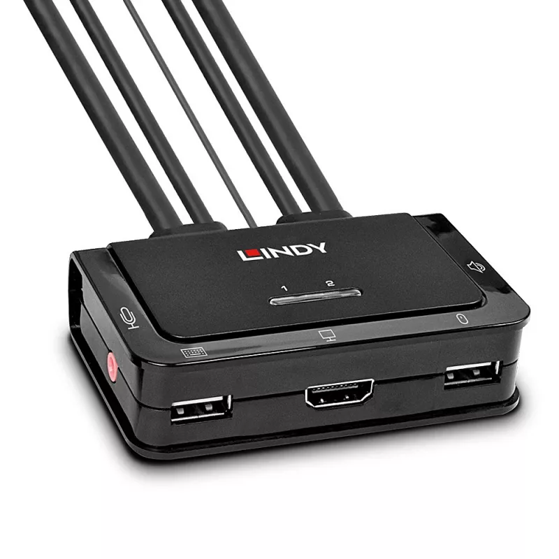 Lindy 2 Portu HDMI 4K60, USB 2.0 un Audio kabeļa KVM slēdzis, 4096 x 2160 pikseļi, 4K Ultra HD, Rack montāža, Melns