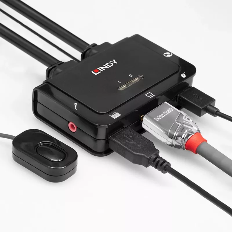 Lindy 2 Portu HDMI 4K60, USB 2.0 un Audio kabeļa KVM slēdzis, 4096 x 2160 pikseļi, 4K Ultra HD, Rack montāža, Melns