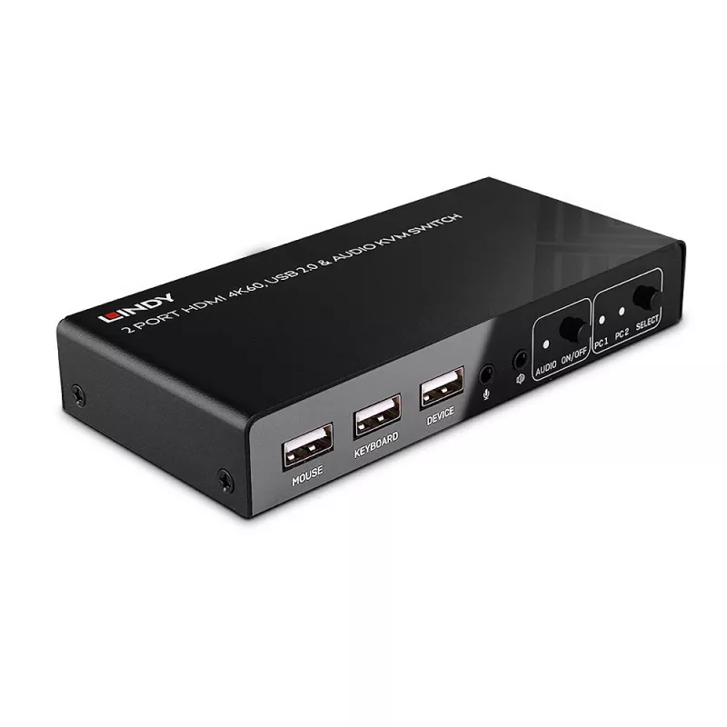 Lindy 2 Portu HDMI 4K60, USB 2.0 un Audio KVM Slēdzis, 4096 x 2160 pikseļi, 4K Ultra HD, Melns