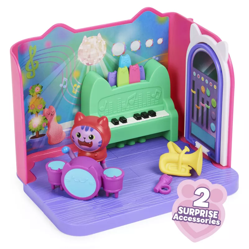 Gabby's Dollhouse, Groovy Music Room ar Daniel James Catnip figūriņu, 2 aksesuāri, 2 mēbeļu gabali un 2 piegādes, rotaļlietas bērniem no 3 gadu vecuma