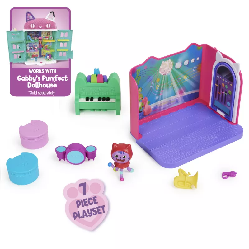 Gabby's Dollhouse, Groovy Music Room ar Daniel James Catnip figūriņu, 2 aksesuāri, 2 mēbeļu gabali un 2 piegādes, rotaļlietas bērniem no 3 gadu vecuma