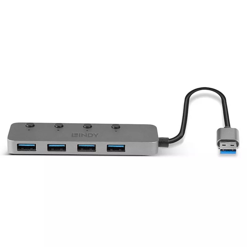 Lindy 4 portu USB 3.0 centrmezgls ar ieslēgšanas/izslēgšanas slēdžiem
