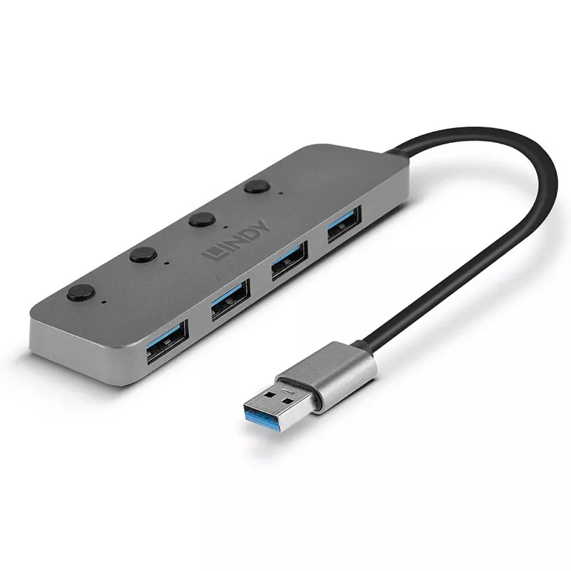 Lindy 4 portu USB 3.0 centrmezgls ar ieslēgšanas/izslēgšanas slēdžiem