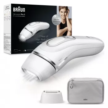 IPL matiņu noņemšanas ierīce BRAUN Silk‑expert Pro 3 PL3020 — Sudraba/Balta, darbināma no maiņstrāvas, sejas un ķermeņa uzgaļi