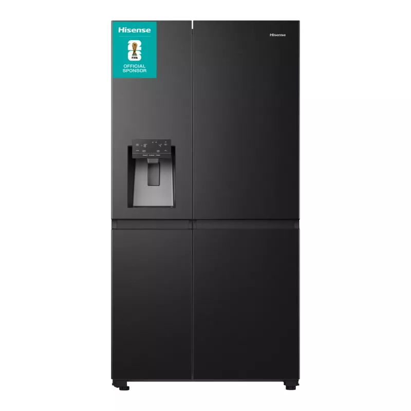 Hisense Side by Side ledusskapis RS818N4TFE, brīvstāvošs, amerikāņu durvis, melns, skārienjūtīgs, LED, displejs uz durvīm