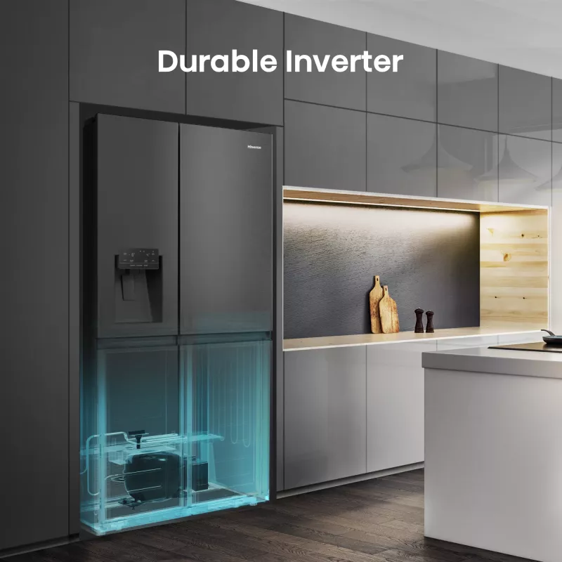 Hisense Side by Side ledusskapis RS818N4TFE, brīvstāvošs, amerikāņu durvis, melns, skārienjūtīgs, LED, displejs uz durvīm