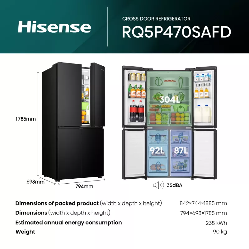 Hisense RQ5P470SAFD Brīvstāvošs 483 L Melns, nerūsējošais tērauds