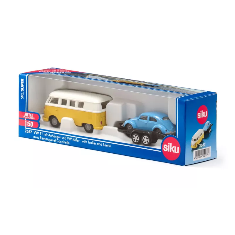 Automašīnu modeļu komplekts Siku VW T1 ar piekabi un VW Beetle, salikts 1:50, izmērs 42×200×51 mm