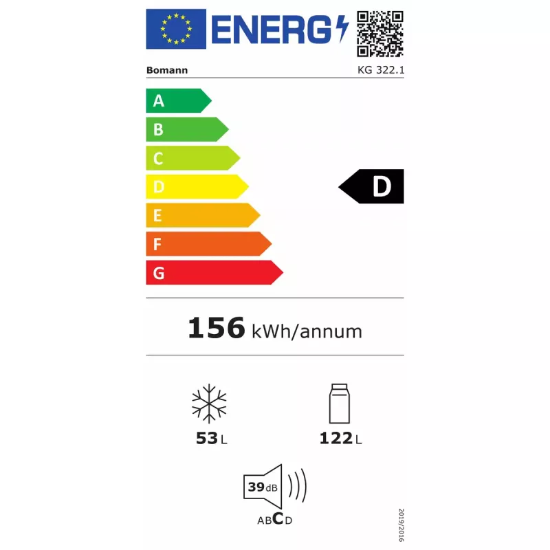 Brīvi stāvošs ledusskapis BOMANN KG 322.1, 175 L kopējā, nerūsējošais tērauds, ledusskapis 122 L + saldētava 53 L, D klase, 39 dB