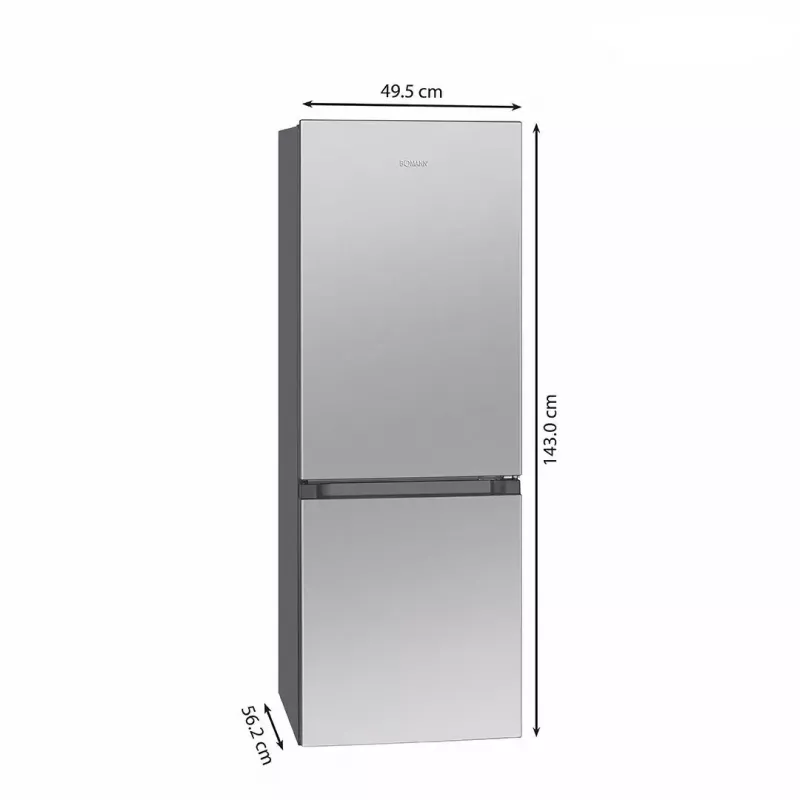 Brīvi stāvošs ledusskapis BOMANN KG 322.1, 175 L kopējā, nerūsējošais tērauds, ledusskapis 122 L + saldētava 53 L, D klase, 39 dB
