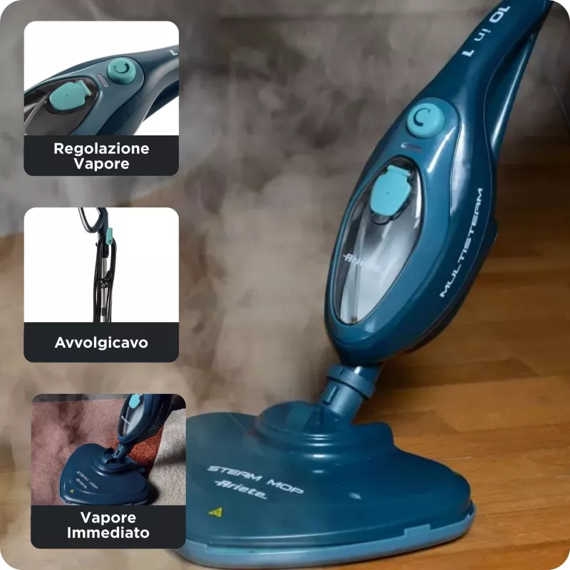 Ariete 4164 Steam mop 10 in 1, tvaika mops, iznīcina 99,9% mikrobus un baktērijas, piederumu komplekts, neierobežots darbības laiks, 1500 vatu