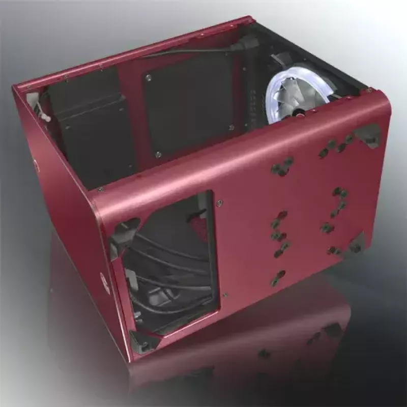 RAIJINTEK METIS PLUS Mini Tower PC korpuss sarkans — Mini-ITX, 1x 3,5 inch nodalījums, 4x 2,5 inch nodalījumi, 120 mm ventilatori
