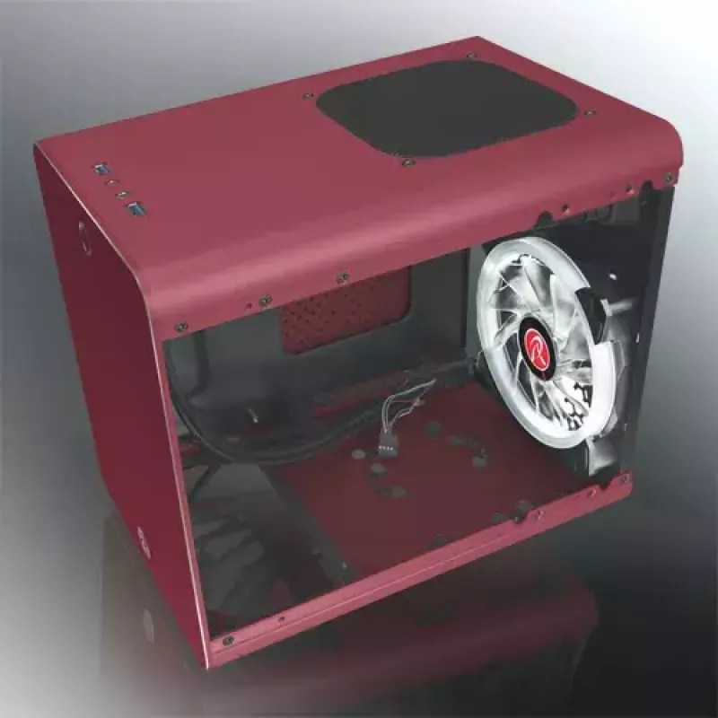 RAIJINTEK METIS PLUS Mini Tower PC korpuss sarkans — Mini-ITX, 1x 3,5 inch nodalījums, 4x 2,5 inch nodalījumi, 120 mm ventilatori