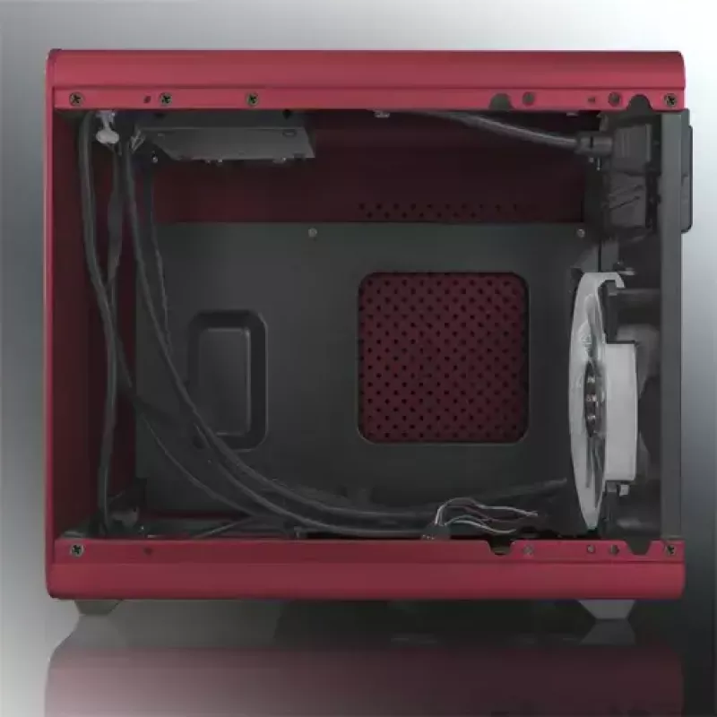 RAIJINTEK METIS PLUS Mini Tower PC korpuss sarkans — Mini-ITX, 1x 3,5 inch nodalījums, 4x 2,5 inch nodalījumi, 120 mm ventilatori