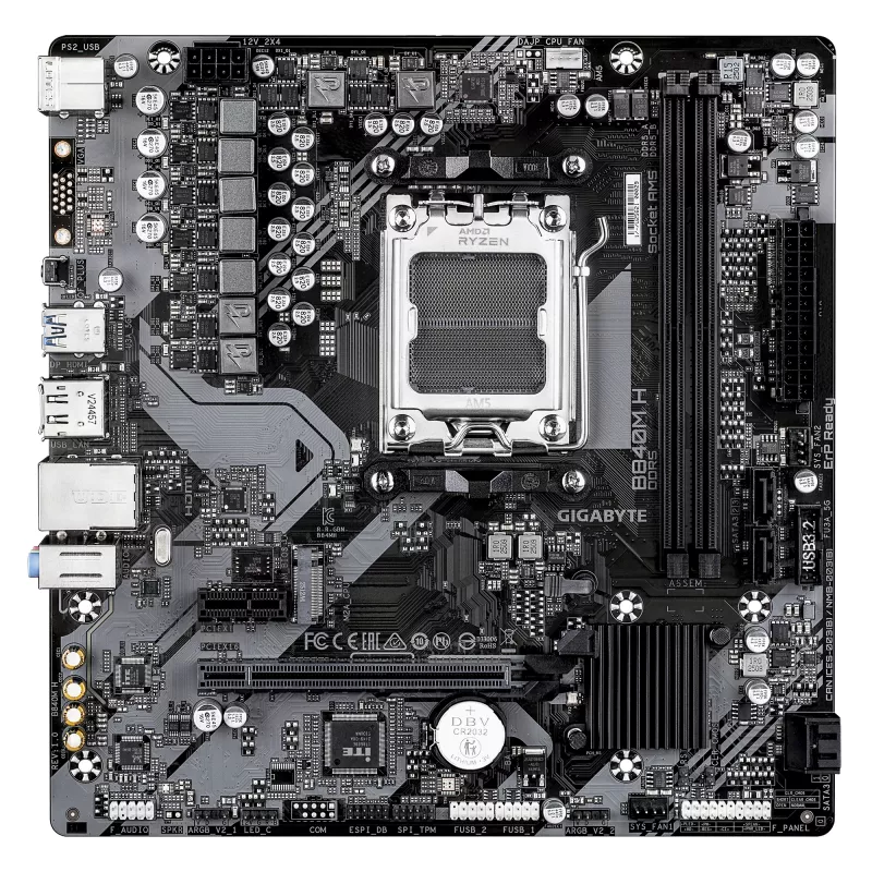 GIGABYTE B840M H mātesplate - AMD Ryzen 9000 procesori, 5+2+2 fāžu VRM, līdz 7200MHz DDR5 (OC), 1xPCIe 4.0 M.2, 1GbE LAN, USB 3.2 Gen 1