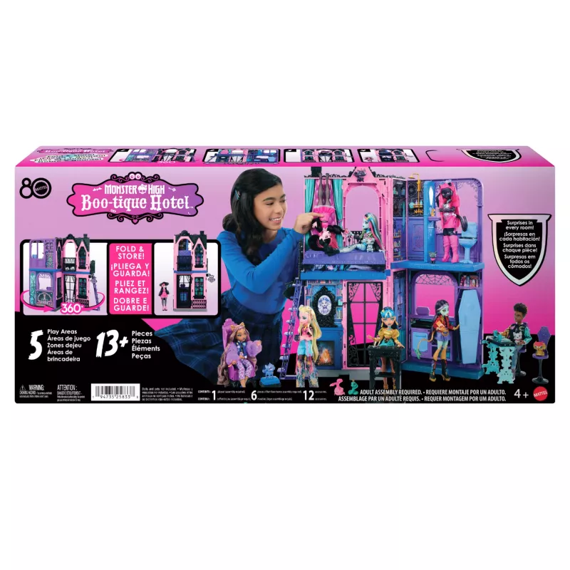 Monster High Boo-tique Hotel leļļu namiņš ar spocīgiem pārsteigumiem katrā istabā un 13+ aksesuāriem