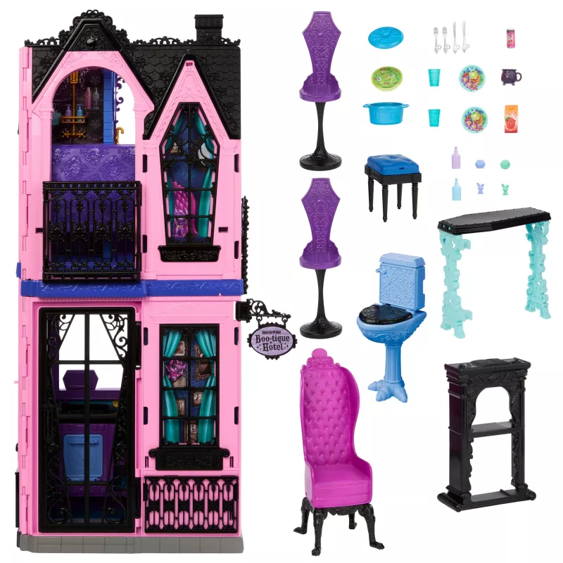 Monster High Boo-tique Hotel leļļu namiņš ar spocīgiem pārsteigumiem katrā istabā un 13+ aksesuāriem