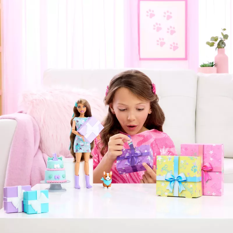 Barbie Party Unboxed Pet Birthday Series lelle un piederumi, Party Stars komplekts ar 10 pārsteigumiem