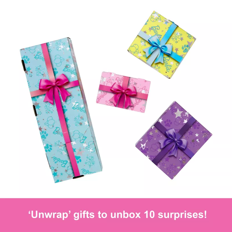 Barbie Party Unboxed Pet Birthday Series lelle un piederumi, dzimšanas dienas bantīšu komplekts ar 10 pārsteigumiem