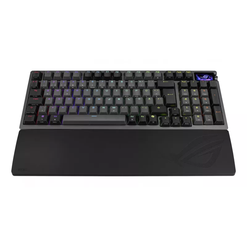 Mehāniskā spēļu tastatūra ASUS ROG Azoth 96 HE — 96% QWERTZ, USB + RF bezvadu + Bluetooth, magnētiski-mehāniskie slēdži, RGB, melna
