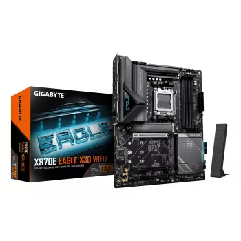 GIGABYTE X870E EAGLE X3D WIFI7 mātesplate - atbalsta AMD Ryzen 9000 procesorus, 14+2+2 fāžu digitālo VRM, līdz 9000Hz DDR5 (OC), 1xPCIe 5.0 + 3xPCIe 4.0, Wi-Fi 7, 5GbE LAN, USB 4