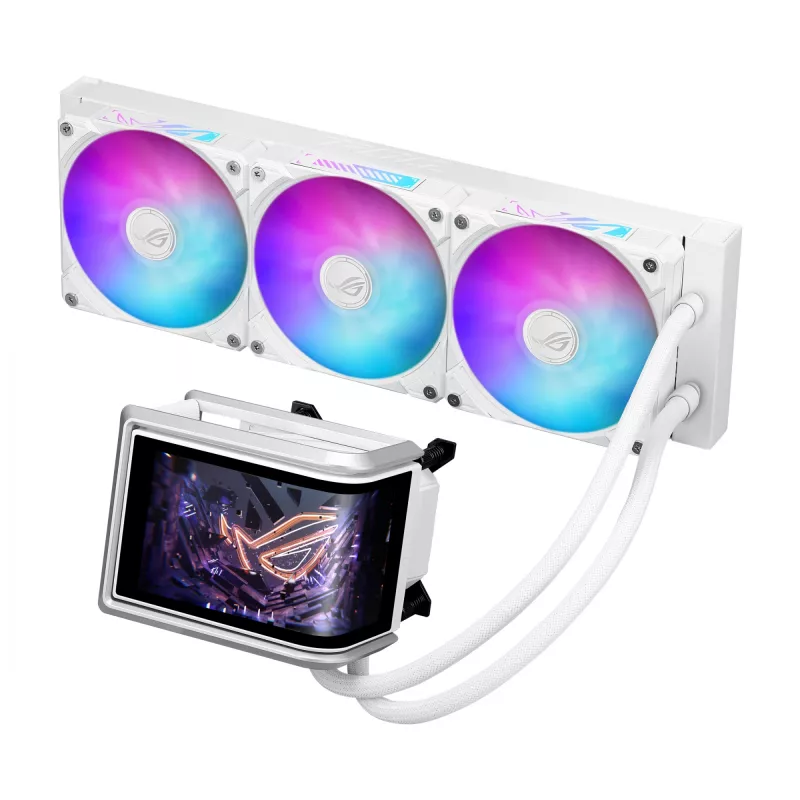 Viss-vienā šķidruma dzesētājs ASUS ROG RYUO IV 360 ARGB WHT — 360 mm radiators, 120 mm ventilatori, balts