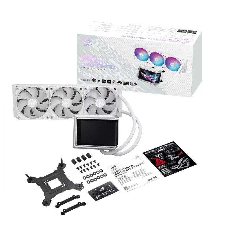 Viss-vienā šķidruma dzesētājs ASUS ROG RYUO IV 360 ARGB WHT — 360 mm radiators, 120 mm ventilatori, balts