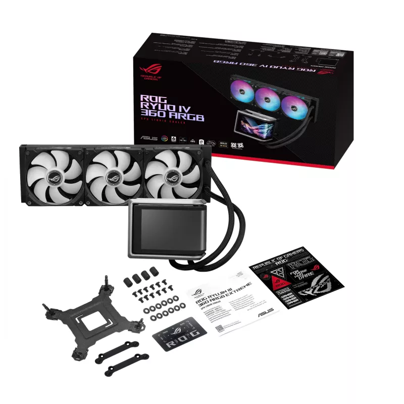 Universāls šķidruma dzesētājs ASUS ROG RYUO IV 360 ARGB — 360 mm radiators, 120 mm ventilatori, melns